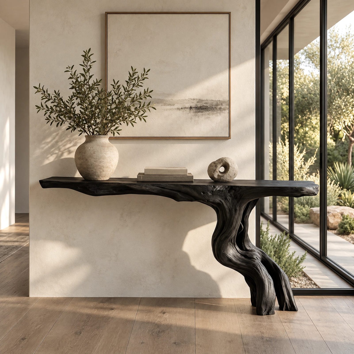 Rustic Driftwood Console Table With Twisted Root Base For Entryway