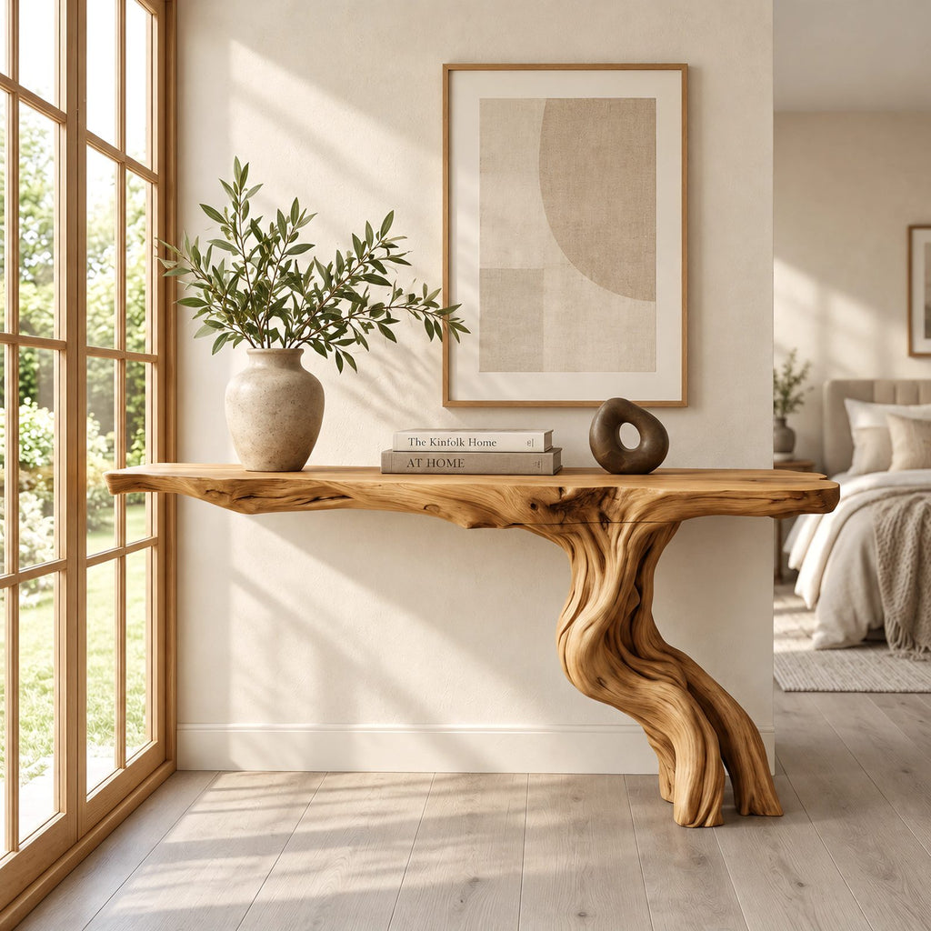 Rustic Driftwood Console Table With Twisted Root Base For Entryway