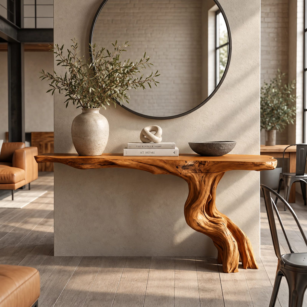 Rustic Driftwood Console Table With Twisted Root Base For Entryway