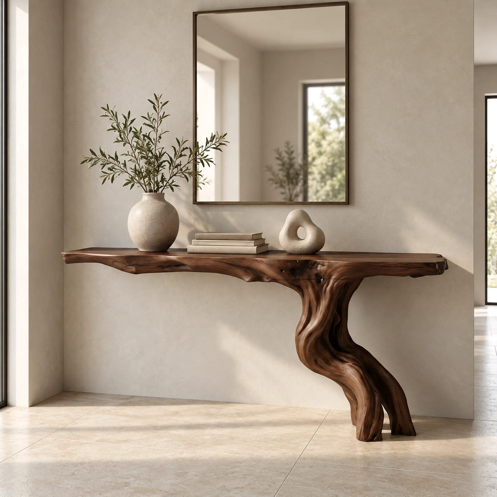 Rustic Driftwood Console Table With Twisted Root Base For Entryway