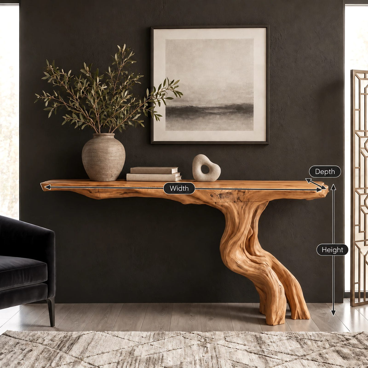 Rustic Driftwood Console Table With Twisted Root Base For Entryway