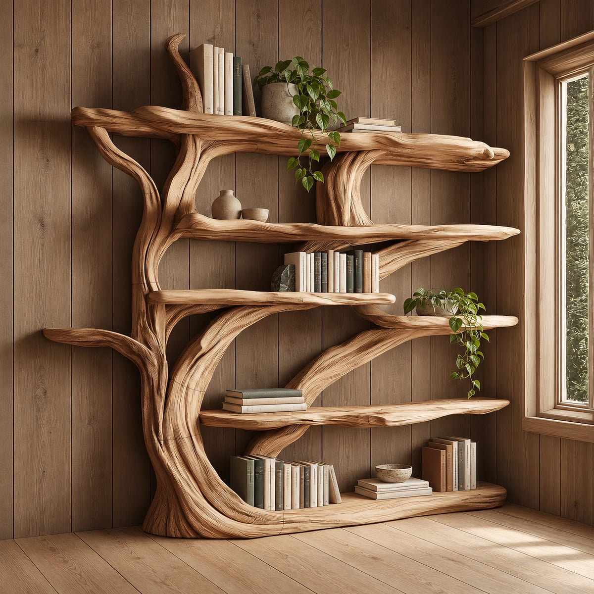 Handcrafted Wall Tree Bookshelf With Flowing Branch Shelves For Living Room