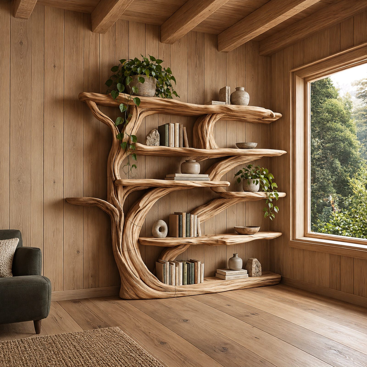 Handcrafted Wall Tree Bookshelf With Flowing Branch Shelves For Living Room