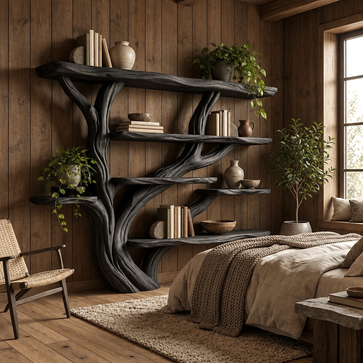 Handcrafted Wall Tree Bookshelf With Flowing Branch Shelves For Living Room