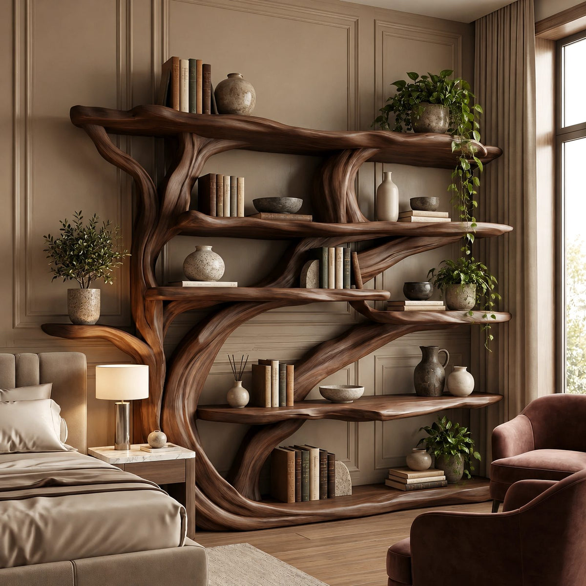 Handcrafted Wall Tree Bookshelf With Flowing Branch Shelves For Living Room