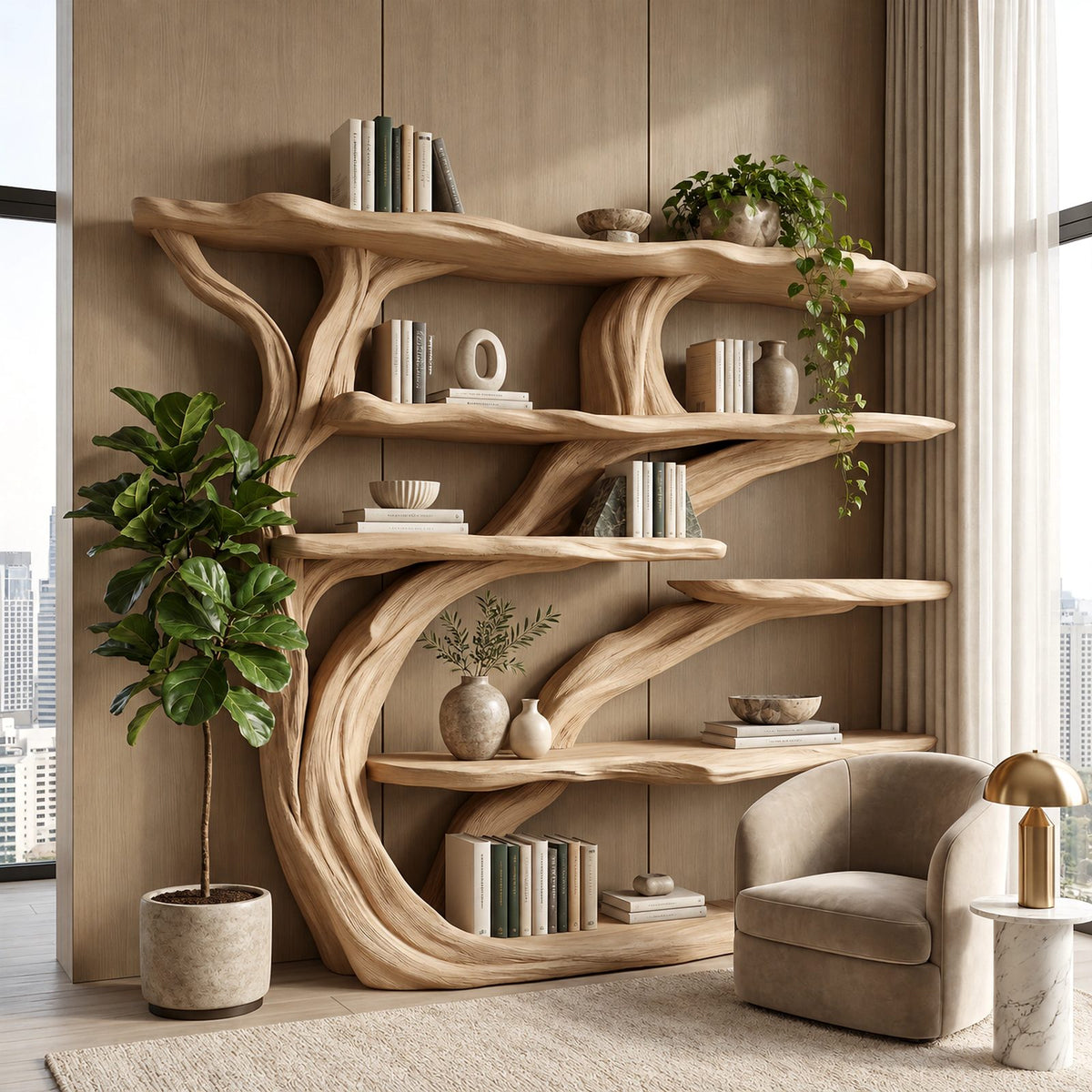 Handcrafted Wall Tree Bookshelf With Flowing Branch Shelves For Living Room