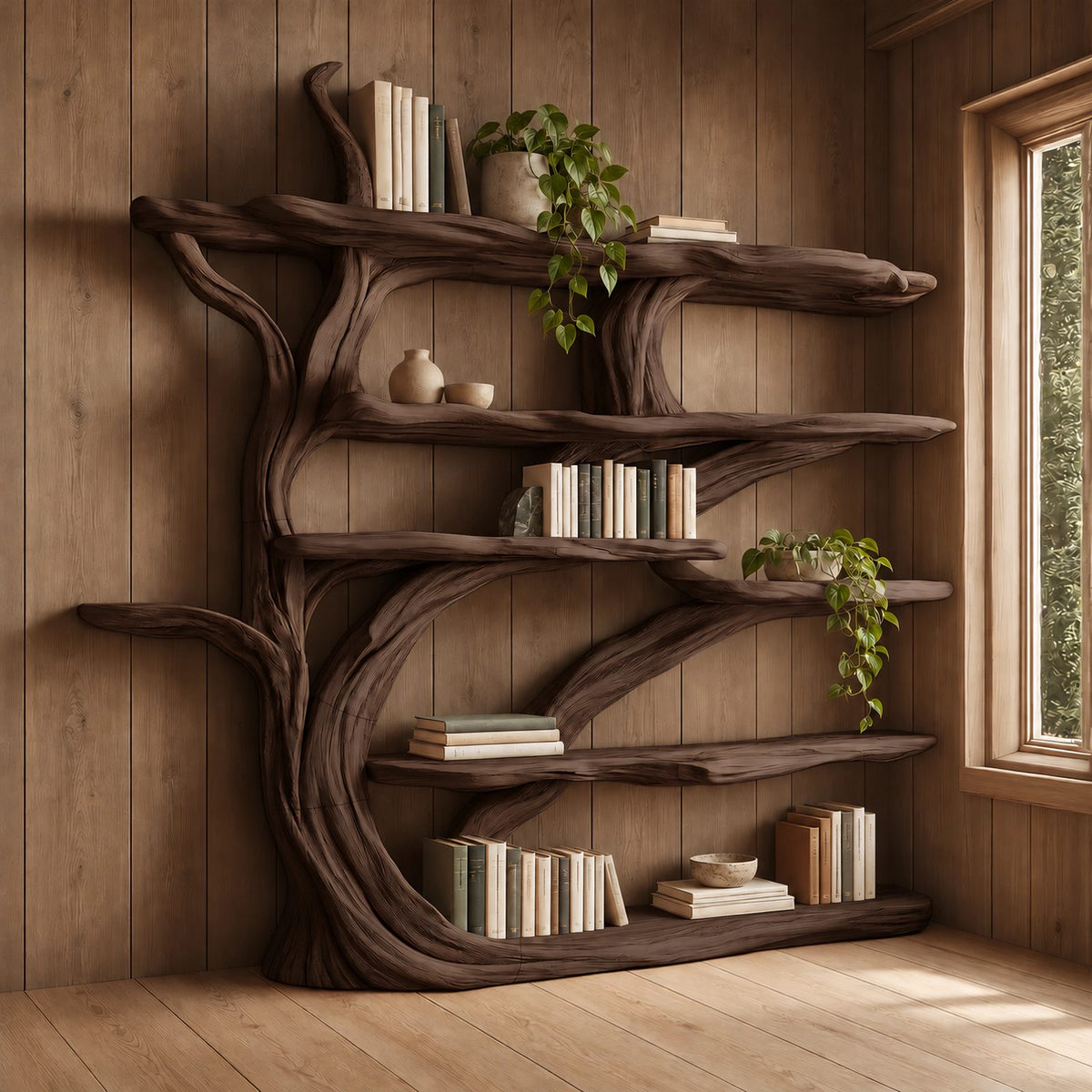 Handcrafted Wall Tree Bookshelf With Flowing Branch Shelves For Living Room