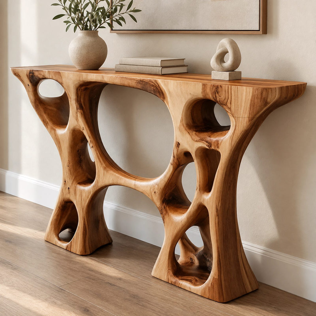 Contemporary Sculptural Console Table With Carved Open Cutouts For Entryway