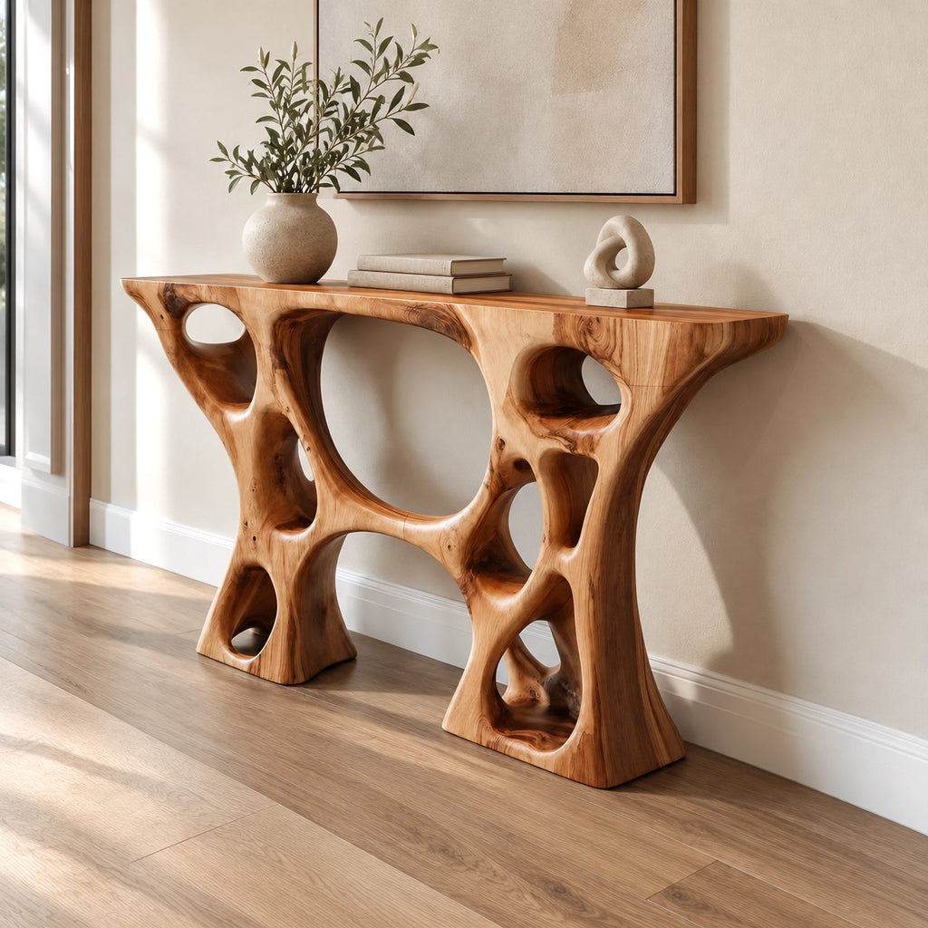 Contemporary Sculptural Console Table With Carved Open Cutouts For Entryway