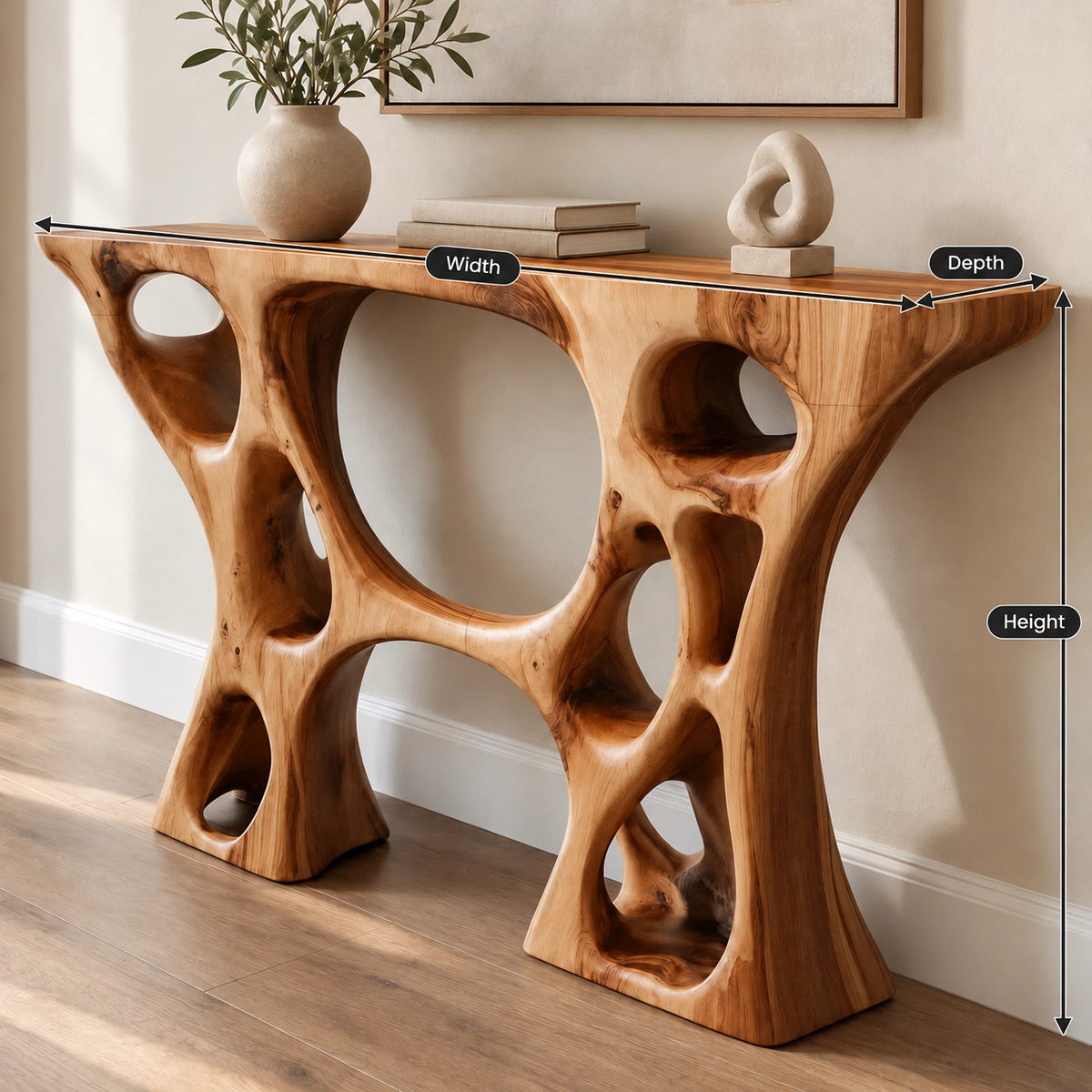 Contemporary Sculptural Console Table With Carved Open Cutouts For Entryway