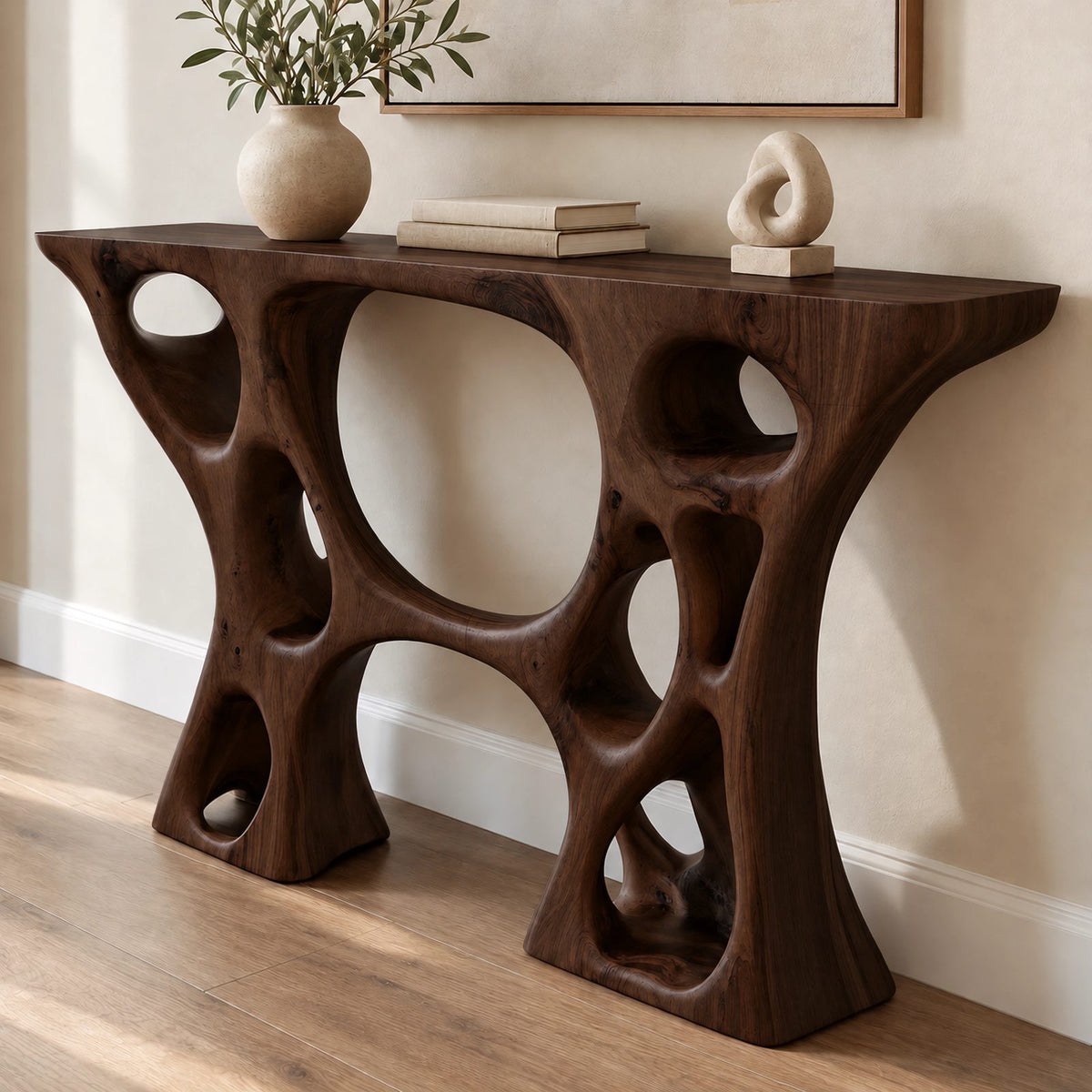 Contemporary Sculptural Console Table With Carved Open Cutouts For Entryway
