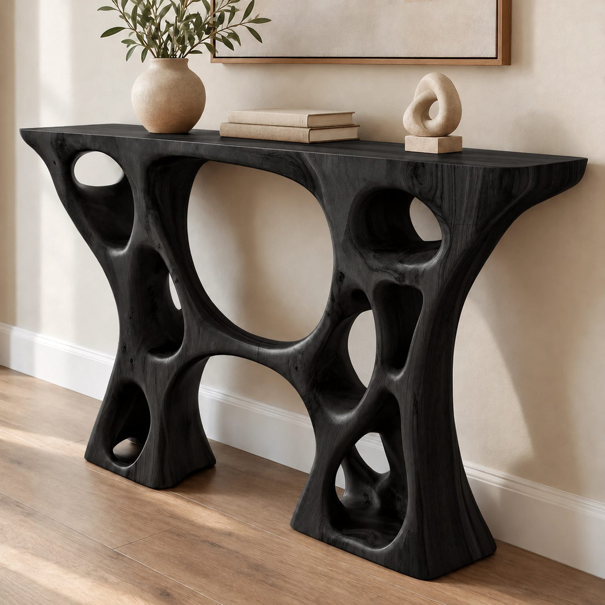 Contemporary Sculptural Console Table With Carved Open Cutouts For Entryway