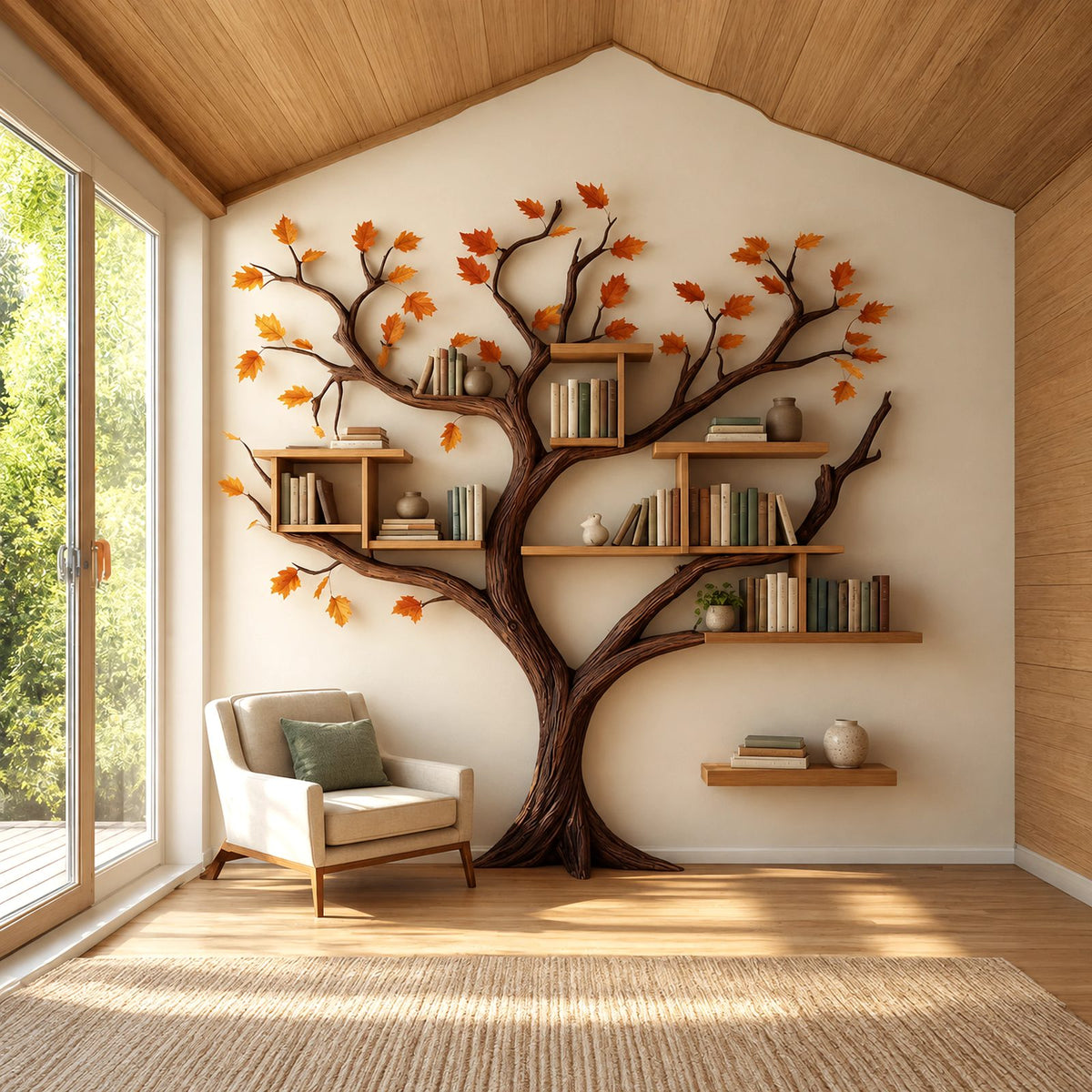 Nature Inspired Wall Tree Bookshelf With Cube Shelves For Living Room