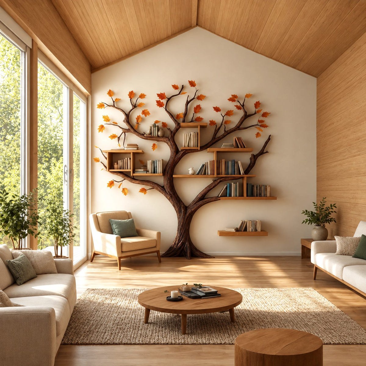Nature Inspired Wall Tree Bookshelf With Cube Shelves For Living Room