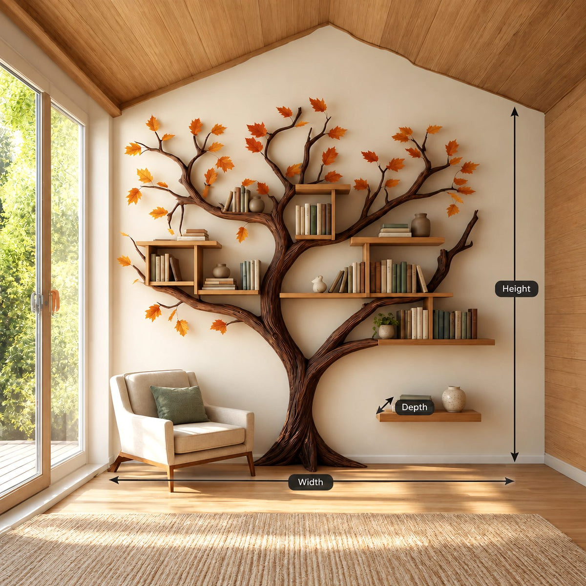 Nature Inspired Wall Tree Bookshelf With Cube Shelves For Living Room