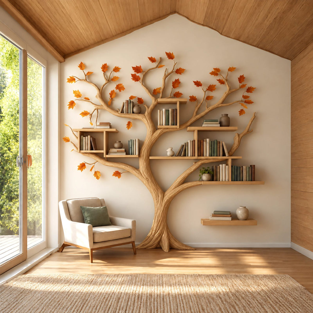 Nature Inspired Wall Tree Bookshelf With Cube Shelves For Living Room