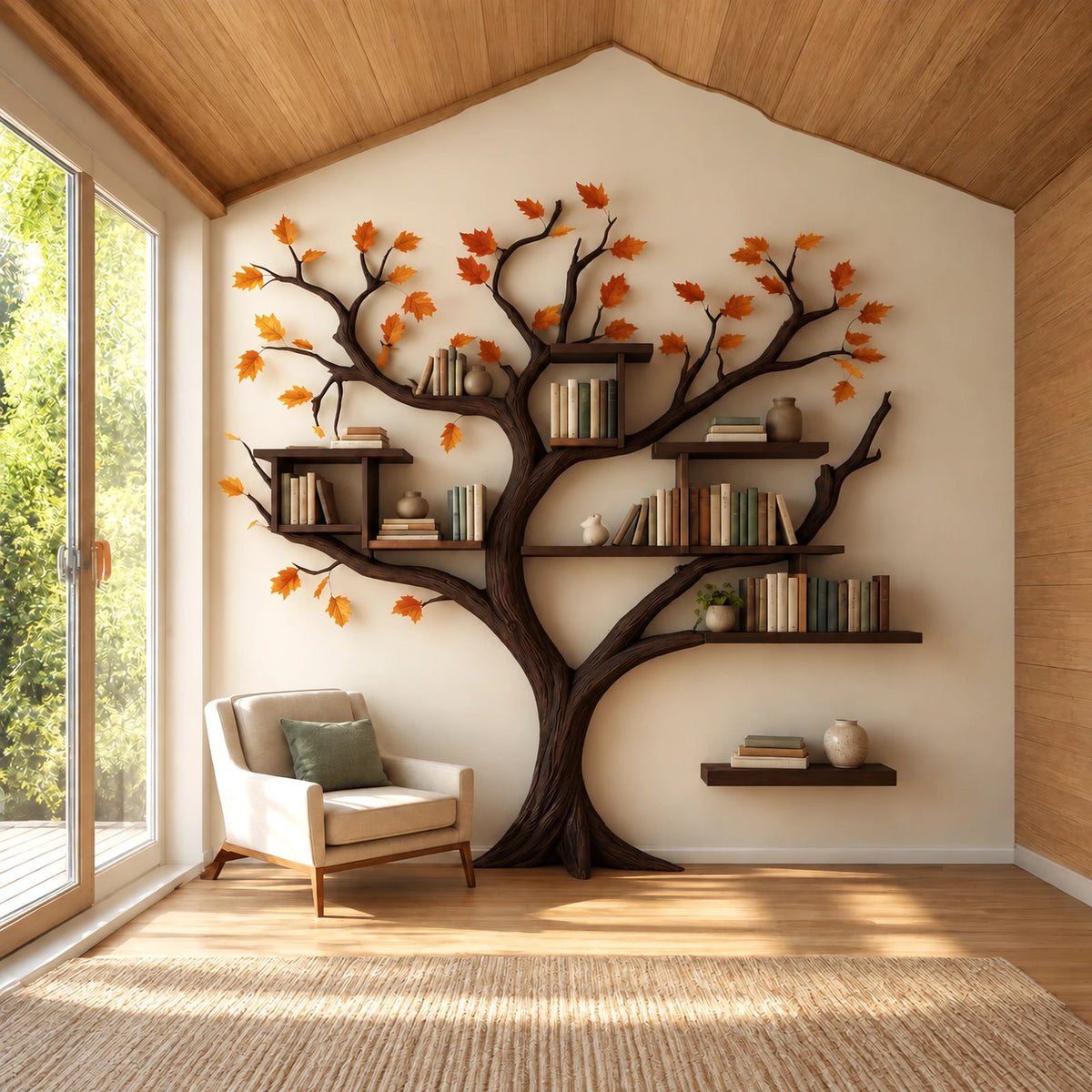Nature Inspired Wall Tree Bookshelf With Cube Shelves For Living Room