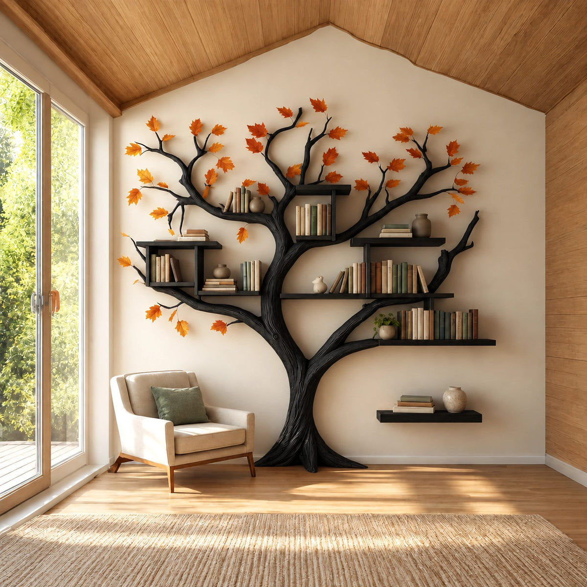 Nature Inspired Wall Tree Bookshelf With Cube Shelves For Living Room