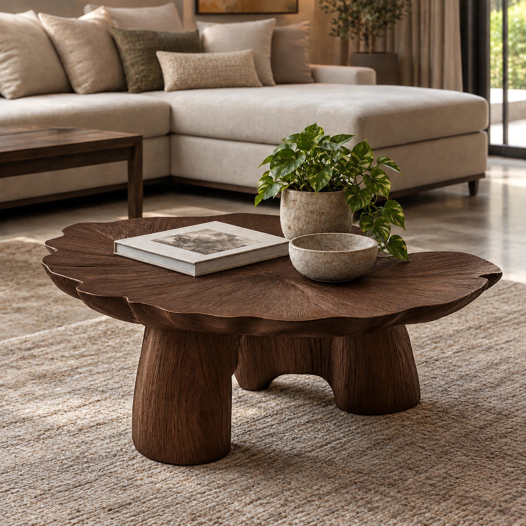 Mid Century Lotus Leaf Coffee Table With Chunky Pillar Legs For Living Room