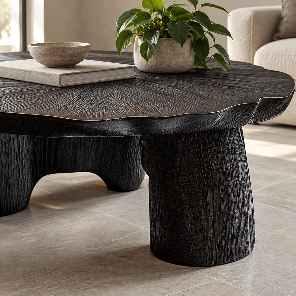 Mid Century Lotus Leaf Coffee Table With Chunky Pillar Legs For Living Room