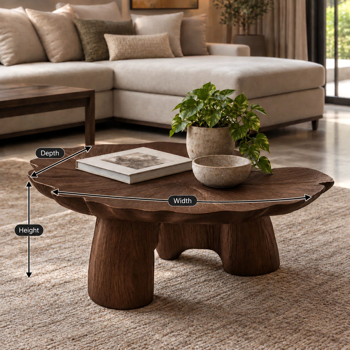 Mid Century Lotus Leaf Coffee Table With Chunky Pillar Legs For Living Room
