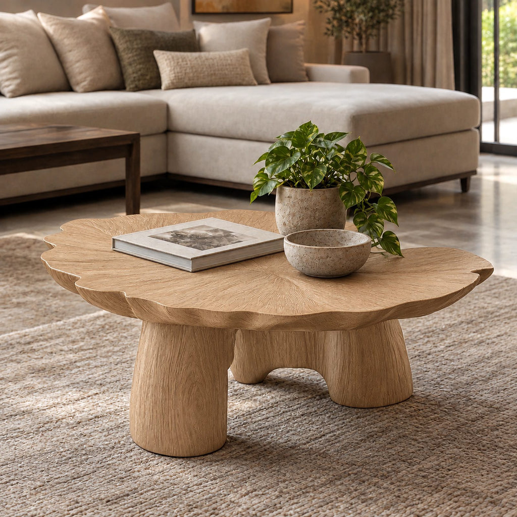 Mid Century Lotus Leaf Coffee Table With Chunky Pillar Legs For Living Room