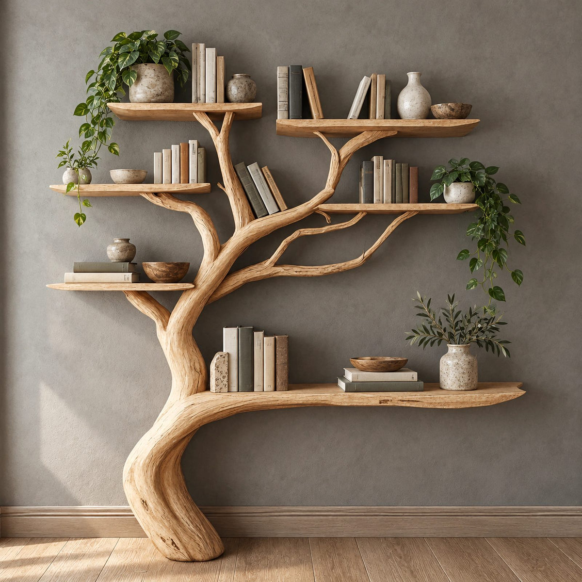 Live Edge Driftwood Tree Bookshelf With Six Branch Shelves For Living Room