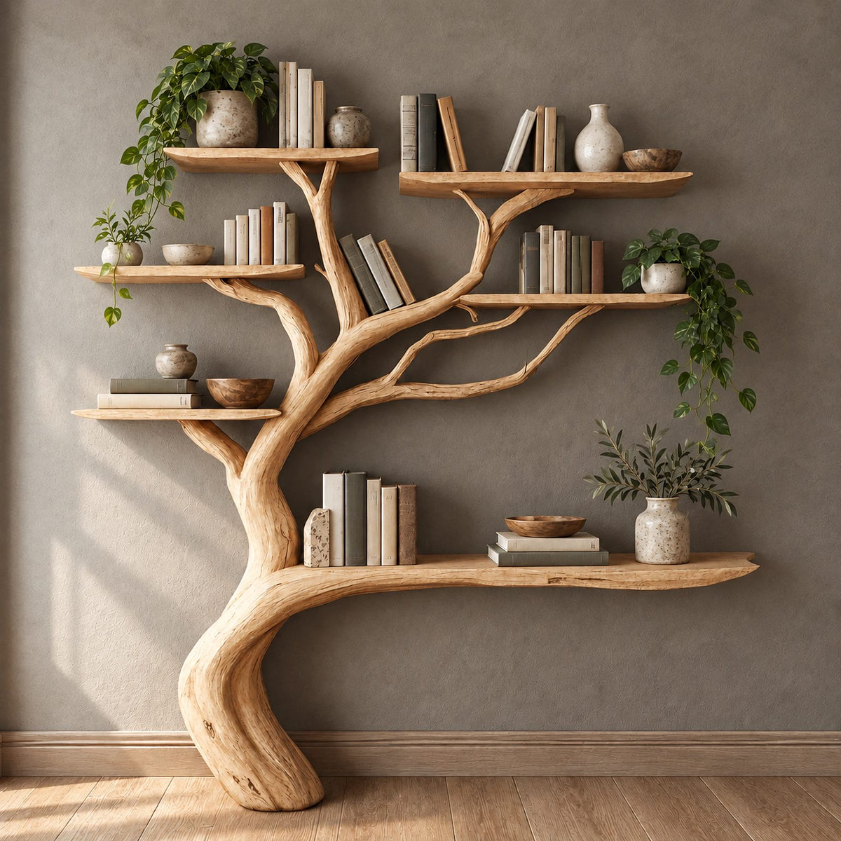 Live Edge Driftwood Tree Bookshelf With Six Branch Shelves For Living Room