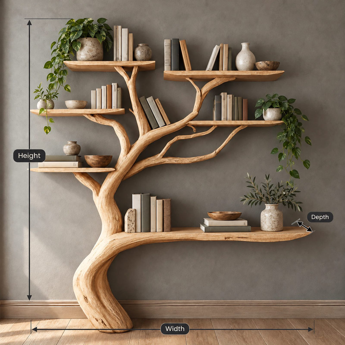 Live Edge Driftwood Tree Bookshelf With Six Branch Shelves For Living Room