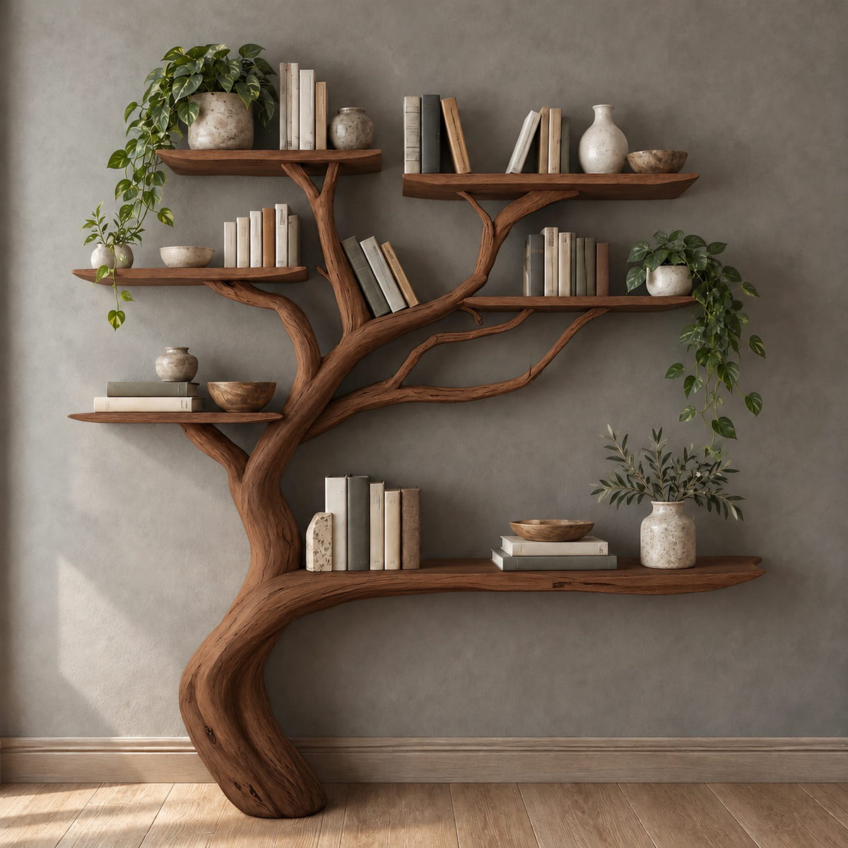 Live Edge Driftwood Tree Bookshelf With Six Branch Shelves For Living Room