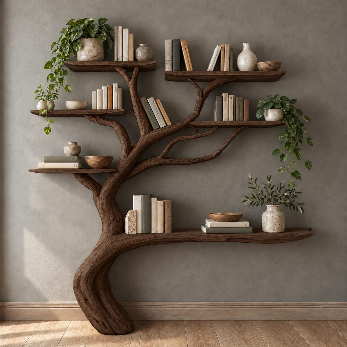 Live Edge Driftwood Tree Bookshelf With Six Branch Shelves For Living Room