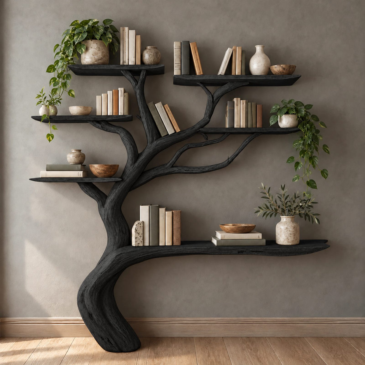 Live Edge Driftwood Tree Bookshelf With Six Branch Shelves For Living Room