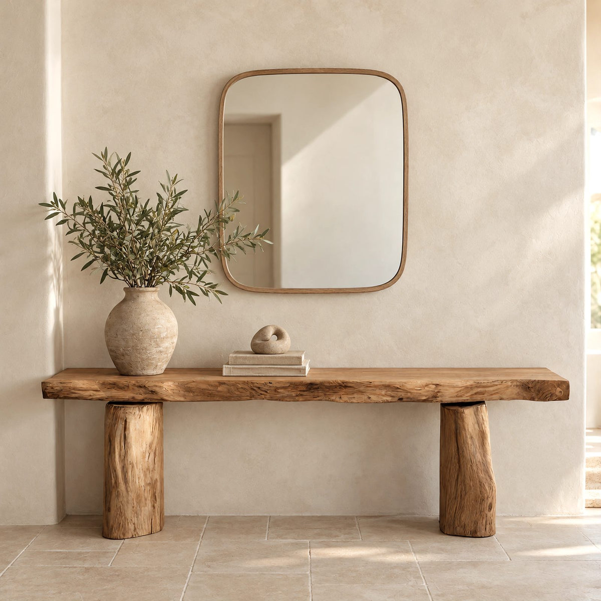 Minimalist Solid Wood Console Table With Chunky Log Legs For Entryway