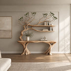 Organic Driftwood Console Table With Tree Branch Shelves For Living Room