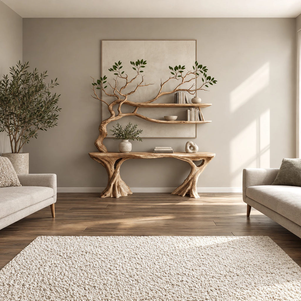Organic Driftwood Console Table With Tree Branch Shelves For Living Room