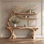 Organic Driftwood Console Table With Tree Branch Shelves For Living Room
