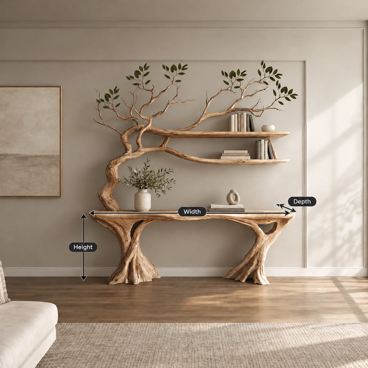 Organic Driftwood Console Table With Tree Branch Shelves For Living Room