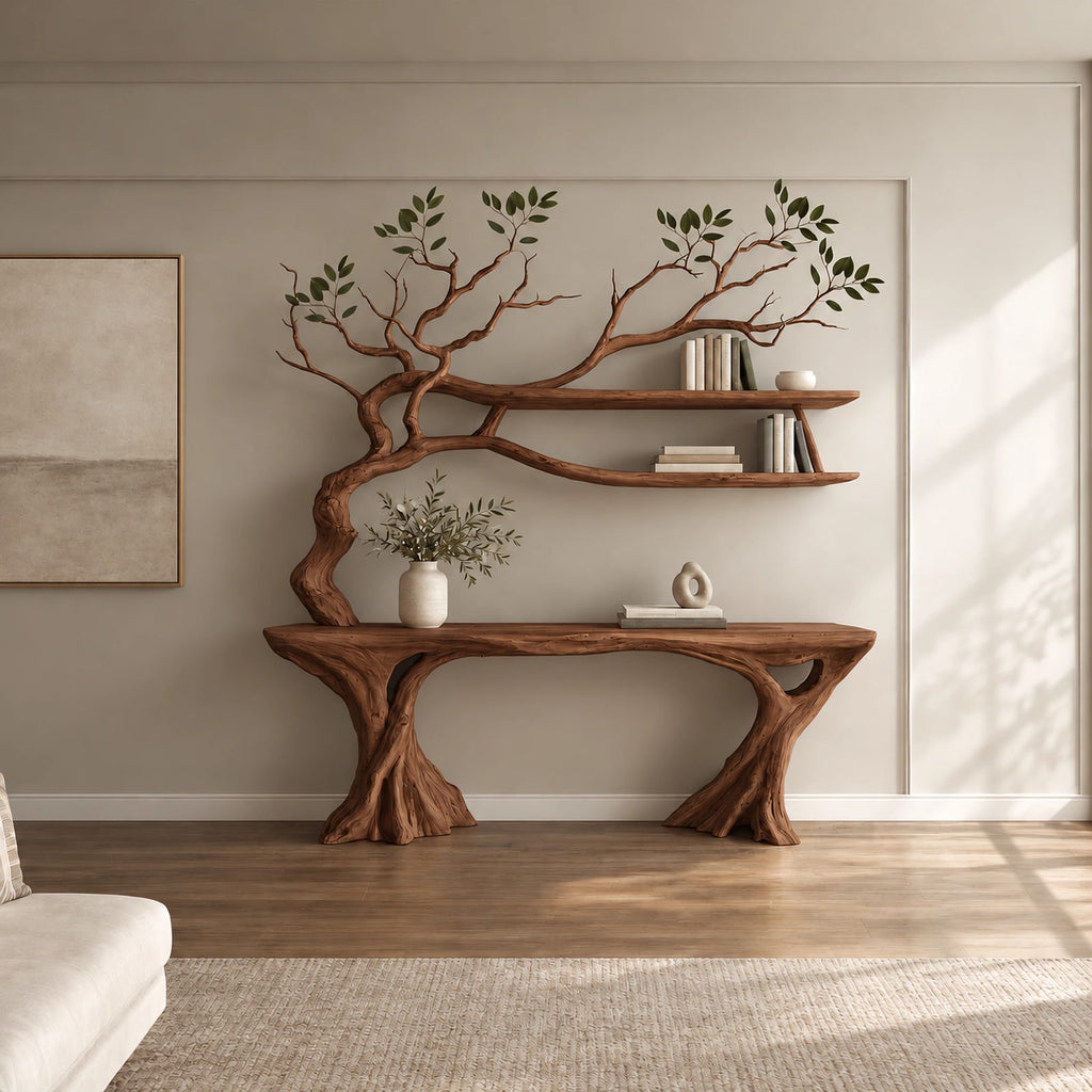 Organic Driftwood Console Table With Tree Branch Shelves For Living Room