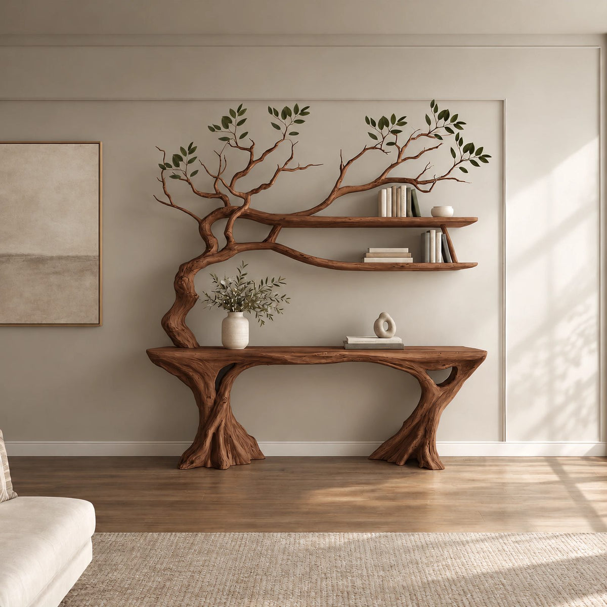 Organic Driftwood Console Table With Tree Branch Shelves For Living Room