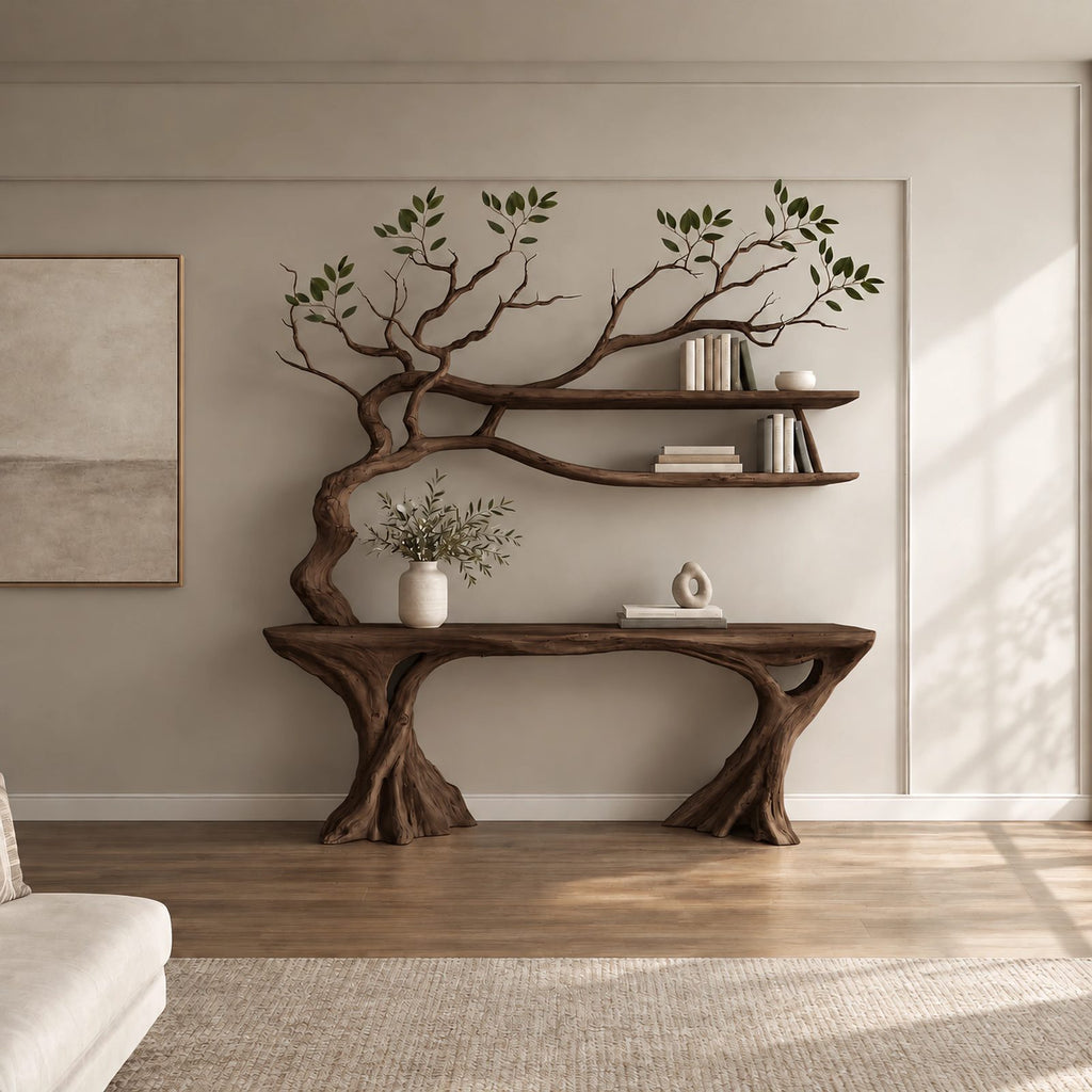 Organic Driftwood Console Table With Tree Branch Shelves For Living Room