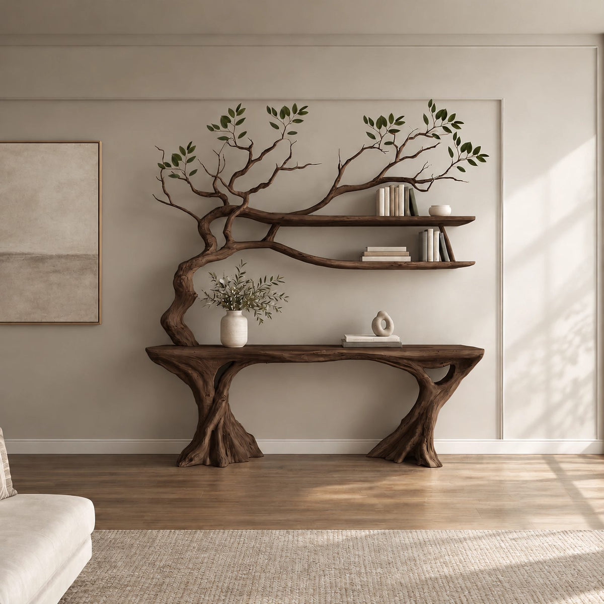 Organic Driftwood Console Table With Tree Branch Shelves For Living Room