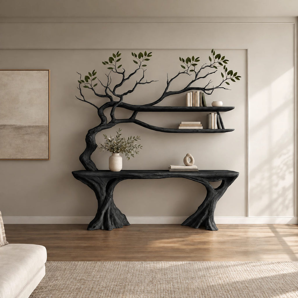 Organic Driftwood Console Table With Tree Branch Shelves For Living Room