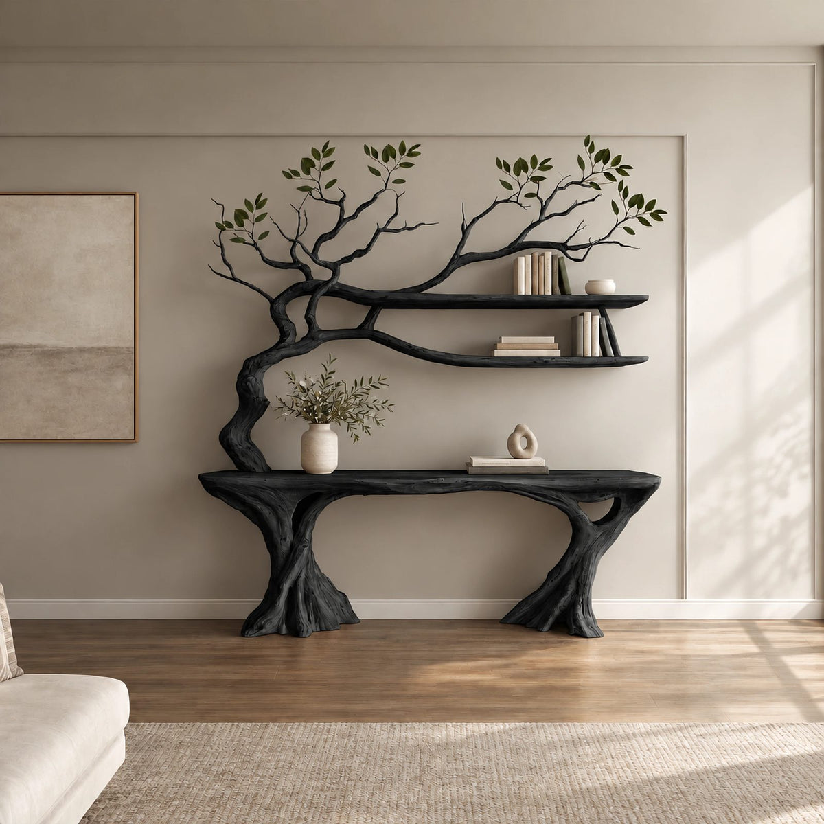 Organic Driftwood Console Table With Tree Branch Shelves For Living Room