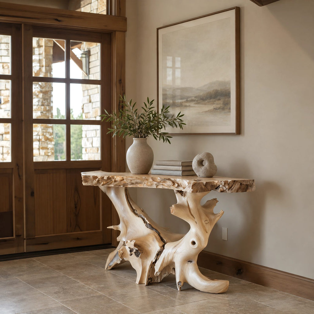 Sculptural Natural Root Console Table With Live Edge Top For Entryway