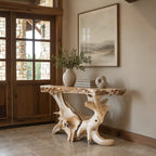 Sculptural Natural Root Console Table With Live Edge Top For Entryway