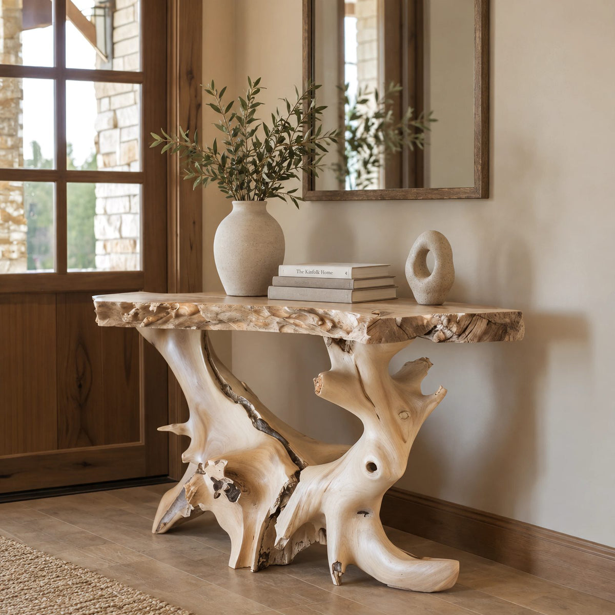 Sculptural Natural Root Console Table With Live Edge Top For Entryway