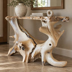 Sculptural Natural Root Console Table With Live Edge Top For Entryway