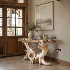 Sculptural Natural Root Console Table With Live Edge Top For Entryway