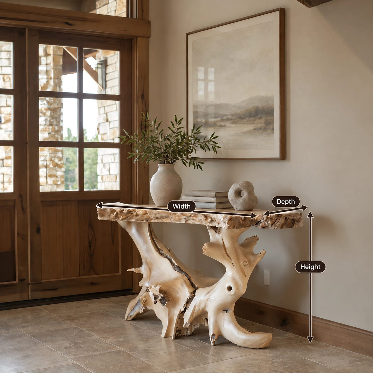 Sculptural Natural Root Console Table With Live Edge Top For Entryway