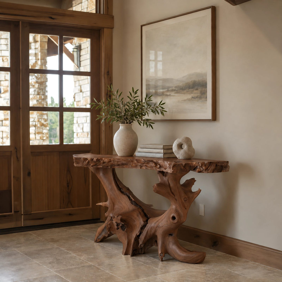 Sculptural Natural Root Console Table With Live Edge Top For Entryway